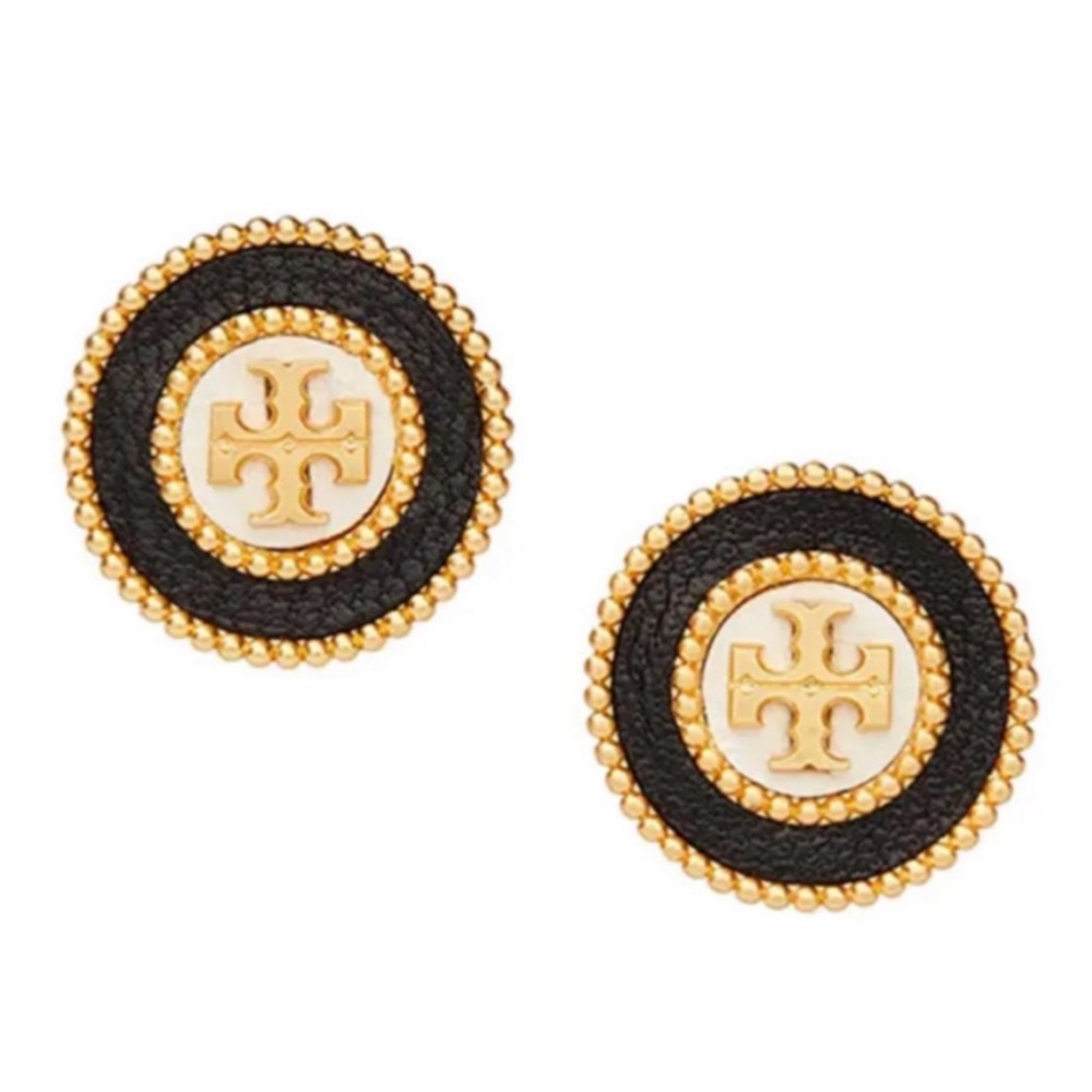TORY BURCH • Black Milgrain Logo Stud Earrings - Picture 1 of 3
